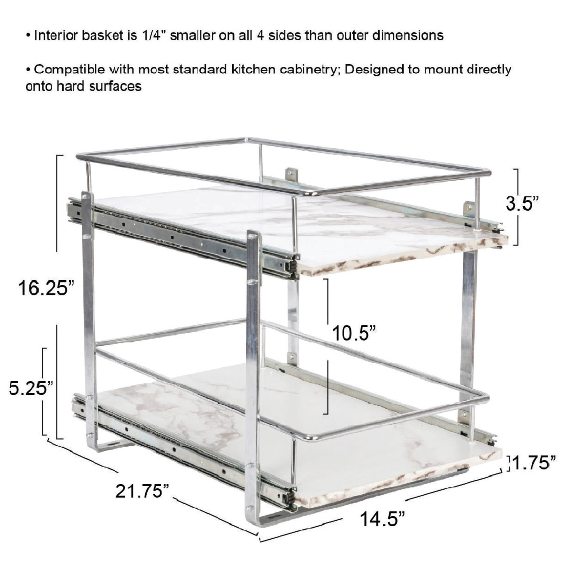 Household Essentials Glidez Chrome-Plated Steel and Faux Marble Pull-Out/Slide-Out Storage Organizer for Under Cabinet Use - 2-Tier Design - Fits Standard Size Cabinet or Shelf, White and Chrome