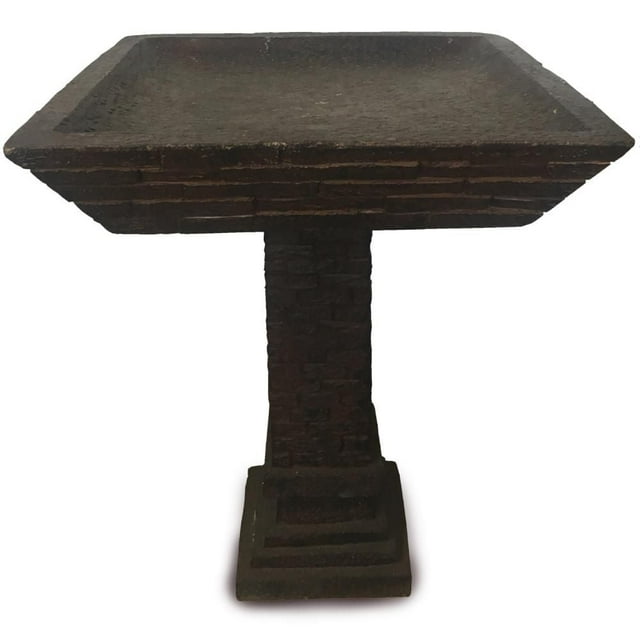 Angelo Décor square birdbath featuring a textured stone-like pedestal and basin in dark brown for outdoor garden use.