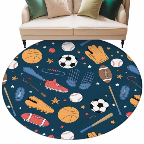 Sports Theme Washable Round Rug 6ft Area Rug for Living Room, Soft Large Non-Slip Circle Dining Room Rugs Cartoon Soccer Baseball Basketball Star Blue Carpet for Bedroom Entryway Classroom Dorm