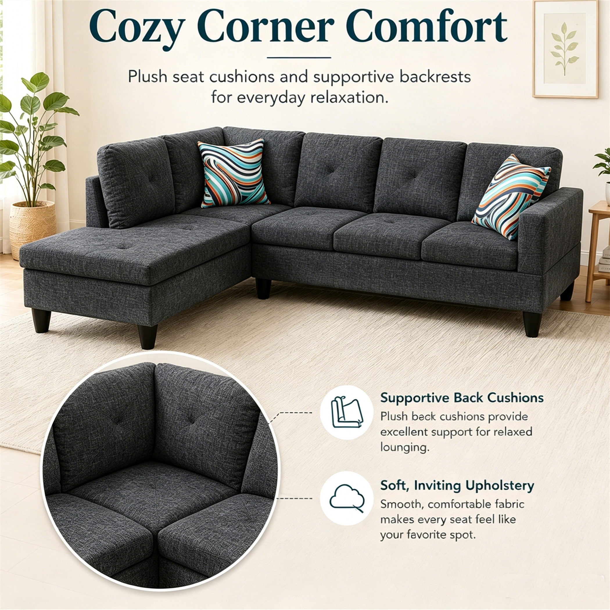 Aukfa 97" Classic Sectional Sofa 4 Seat L shape Couch for Living Room, 2Pillows, Oversized Left Chaise, Linen, Black Gray