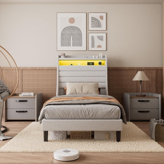 Twin Size Bed Frame with Headboard Upholstered Platform Bed with Charging Station and LED Lights Sturdy Wooden Slats Support Bed Frame Easy Assembly No Box Spring Needed Beige