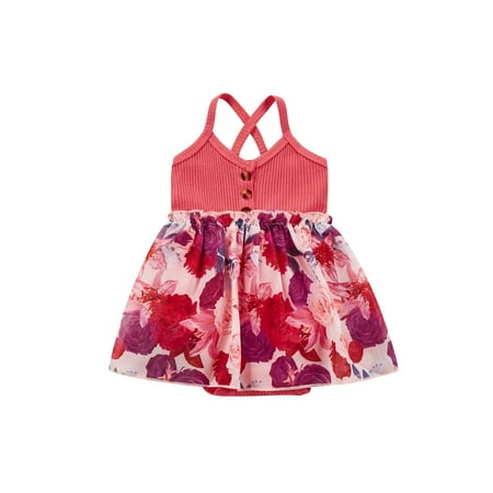 

IZhansean Summer Lovely Baby Girls Romper Dress Sleeveless V Neck Knit Flowers Patchwork Jumpsuit Red 3-6 Months