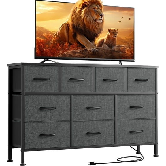 Lulive Dresser for Bedroom 10 Drawer Bedroom TV Stand with Power Outlet, Entertainment Center Chest of Drawers, Long Fabric Dresser for Living Room Save Space Grey