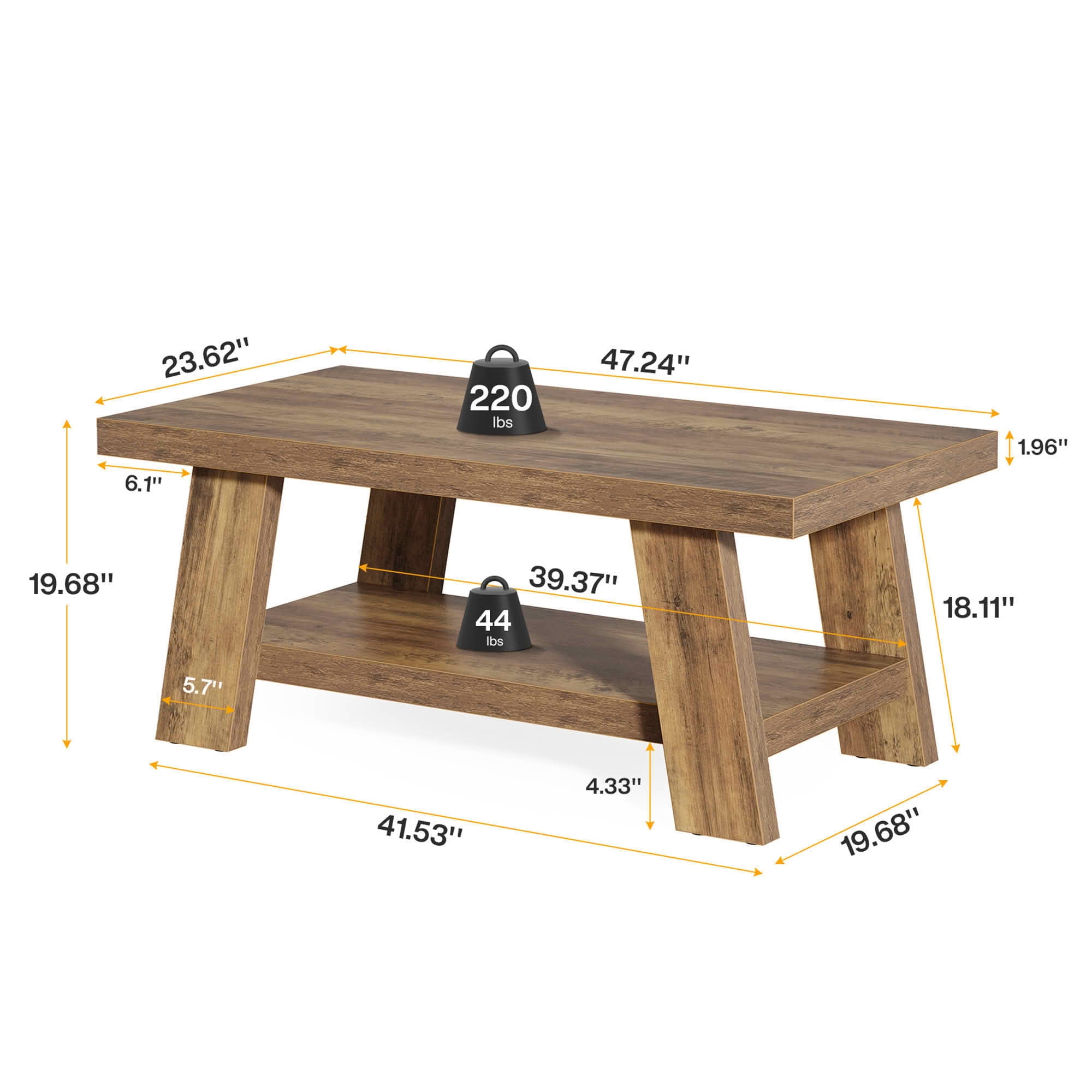 MAYEETY 47 Inch Farmhouse 2-Tier Coffee Table Storage Living Room Table