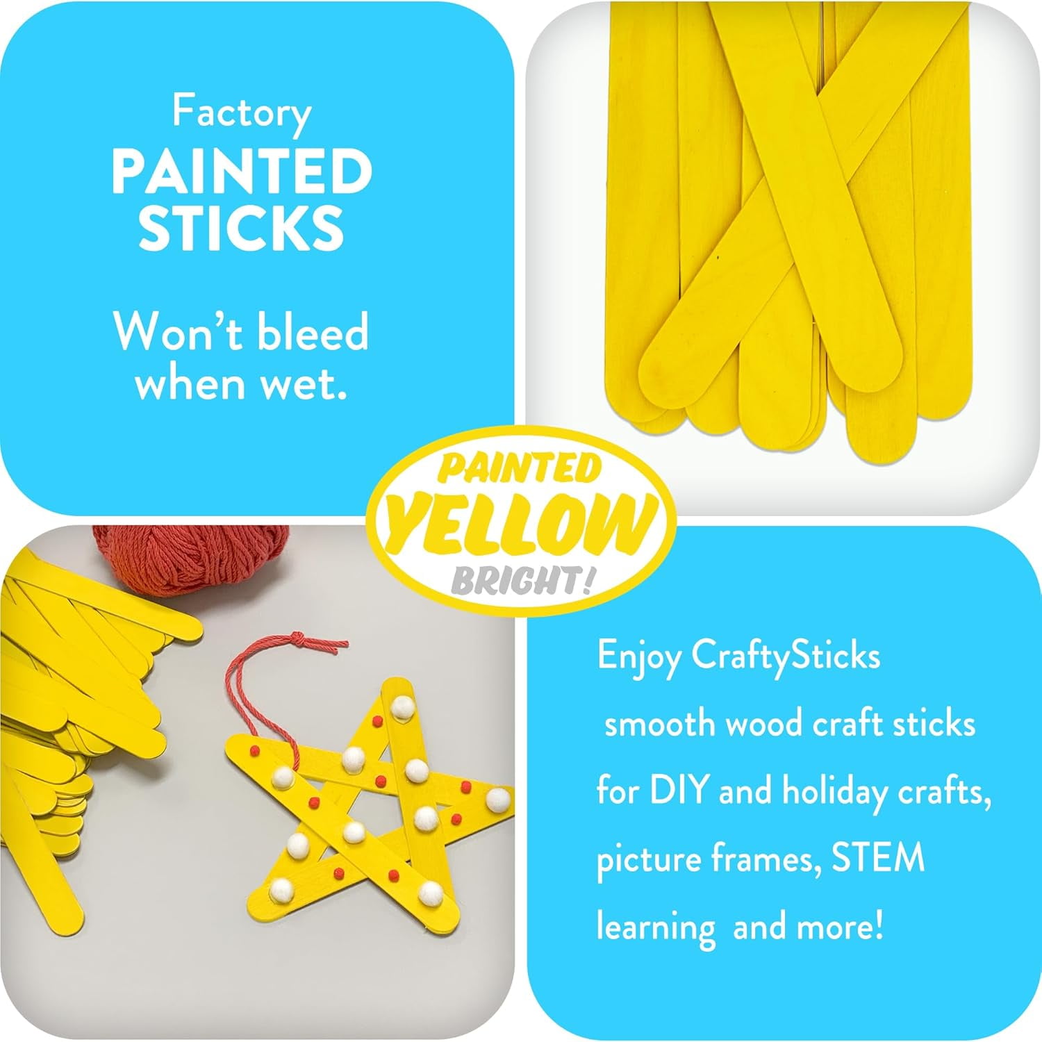 CraftySticks- 1000 Pack 6 Inch Yellow Painted Wood Craft Sticks, Jumbo Popsicle Sticks for Crafts, Learning and STEM Basics