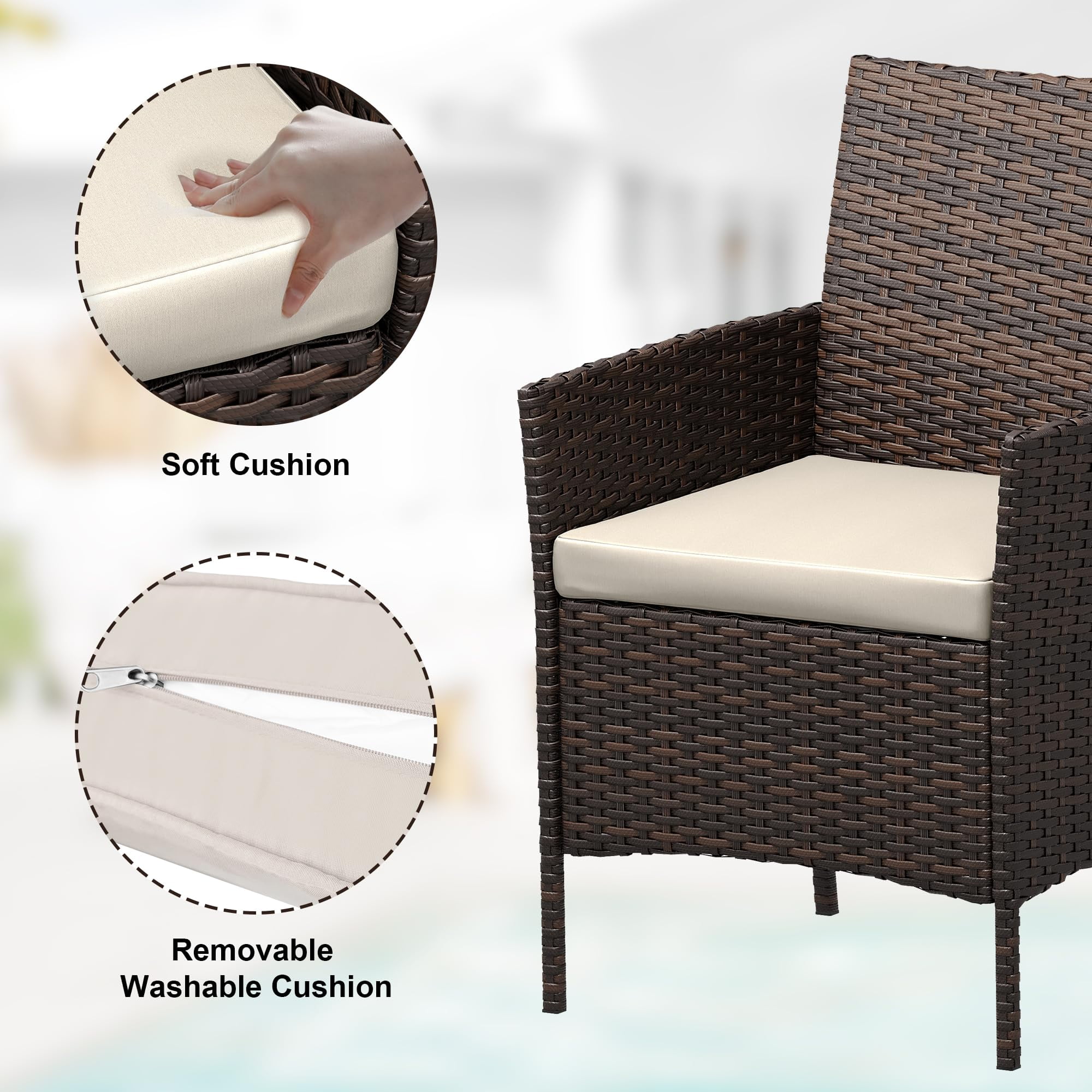 3 Pieces Patio Furniture Sets Outdoor PE Rattan Wicker Chairs with Soft Cushion and Glass Coffee Table for Garden Backyard Porch Poolside