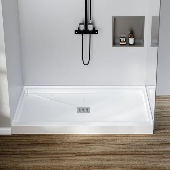 48" x 32" Non-Slip Shower Base - Center Drain SMC Shower Pan with 304 Stainless Steel Drain Cover, Single Threshold Bathroom Floor Tray Easy Installation