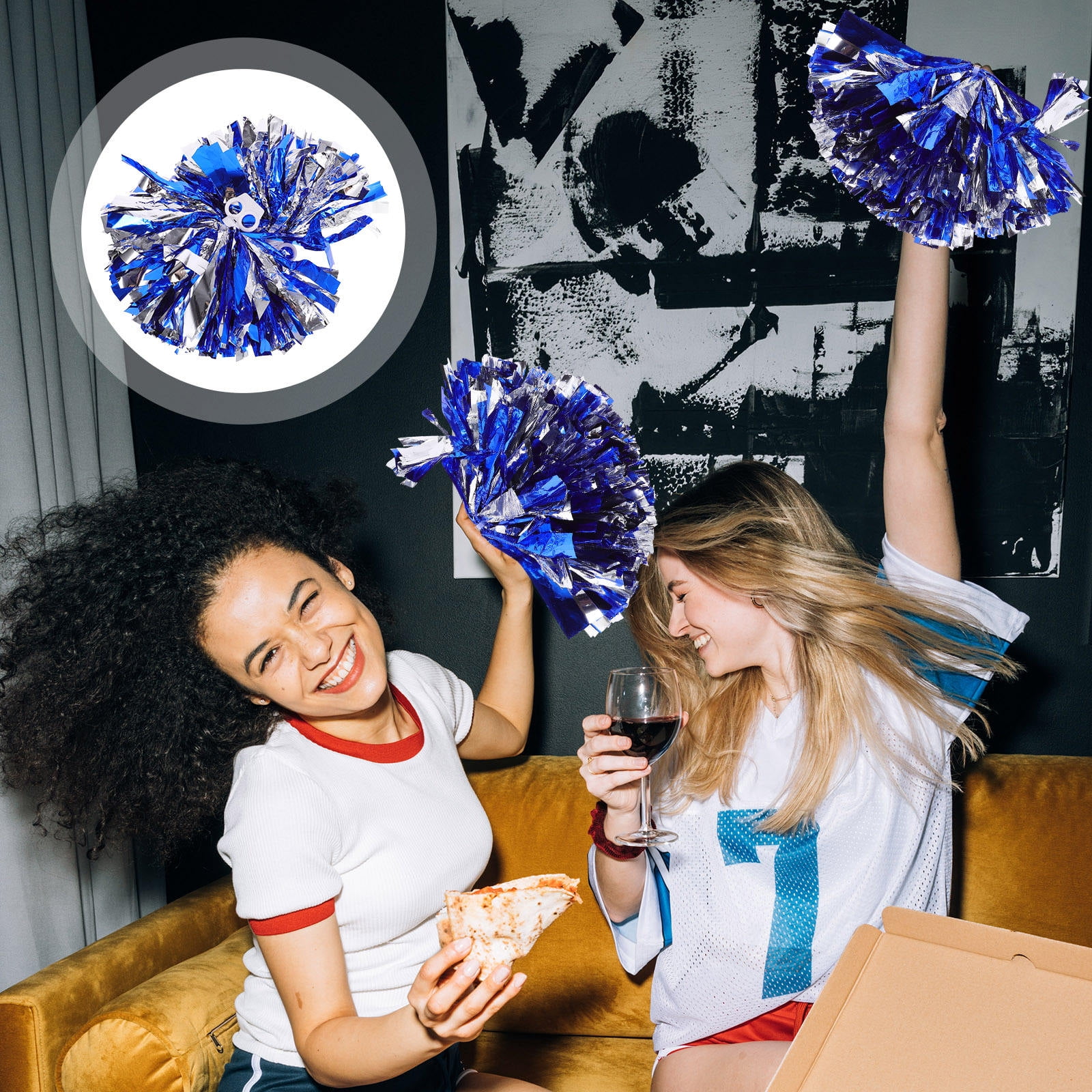 OULII cate Blue Prop Pom Poms for Cheerleaders with Finger Ring Style