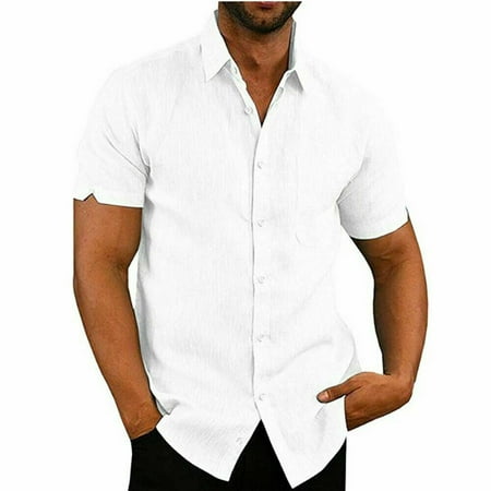 Mens Linen Short Sleeve Summer Solid Shirts Casual Loose Dress Soft Tops Tee