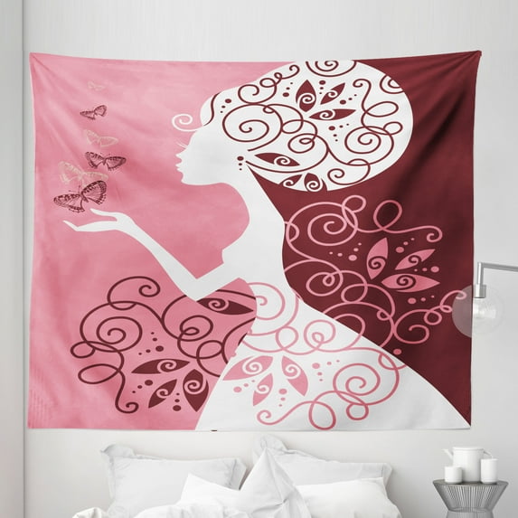 Pink Tapestry, Drawing Girl with Butterflies Floral Ornaments Swirled Branches, Fabric Wall Hanging Decor for Bedroom Living Room Dorm, 5 Sizes, Pale Pink Maroon White, by Ambesonne