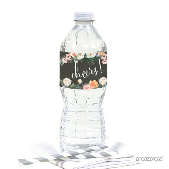 Peach Chalkboard Floral Garden Party Wedding Collection, Water Bottle Labels, 20-Pack