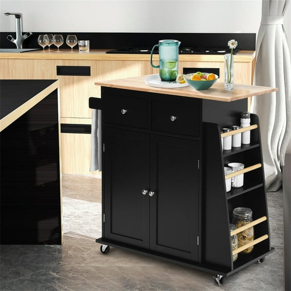 Costway Isla de Cocina con Ruedas Almacenamiento Carro para Comedor Encimera de Madera Caucho 2 Cajones Especiero 88 cm x 45 cm x 89,5 cm