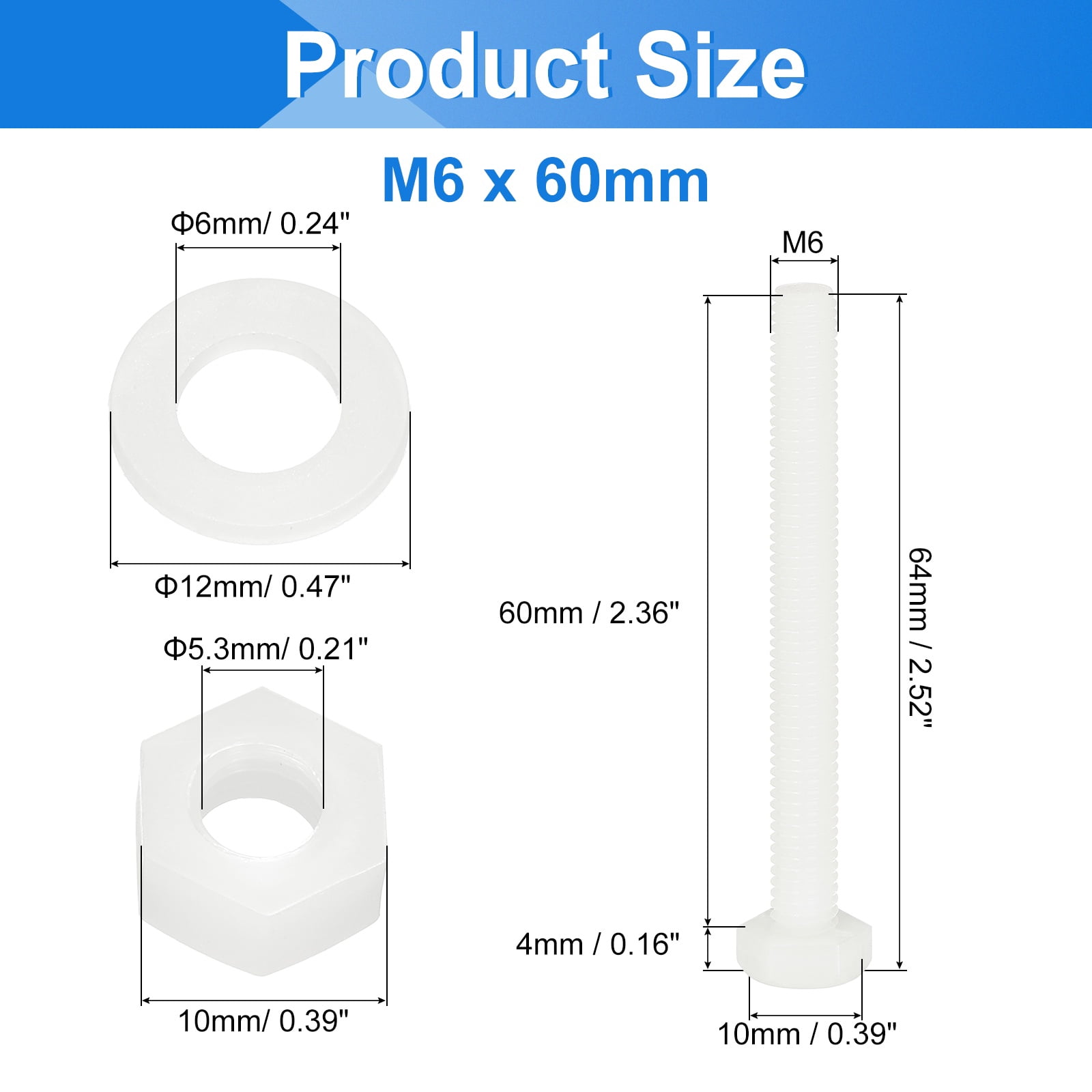 Uxcell 300 Pack/100 Sets Nylon Hex Bolts, M6 x 60mm Plastic Full Threaded Hex Head Screws Bolts and Nuts with Flat Washers for Machinery Electronics Industrial Accessories, White