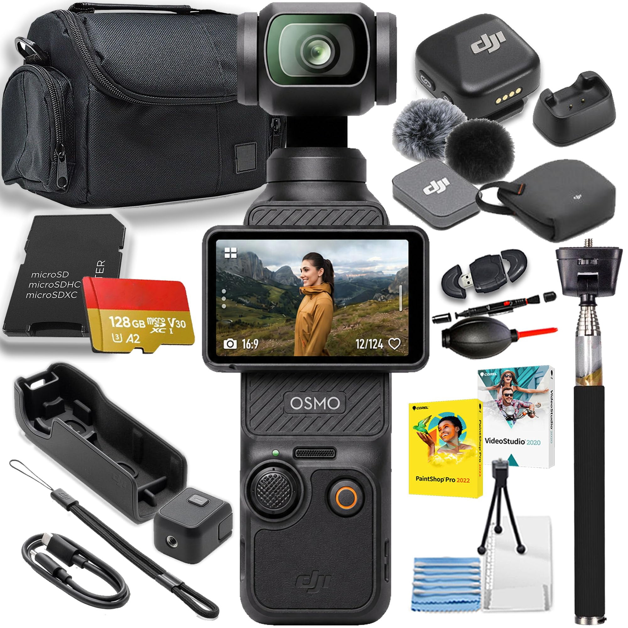 DJI Osmo Pocket 3 with DJI Mic Mini Clip-On Transmitter + Accessories Including a 128GB Memory Card + Selfie Stick + Camera Case + More