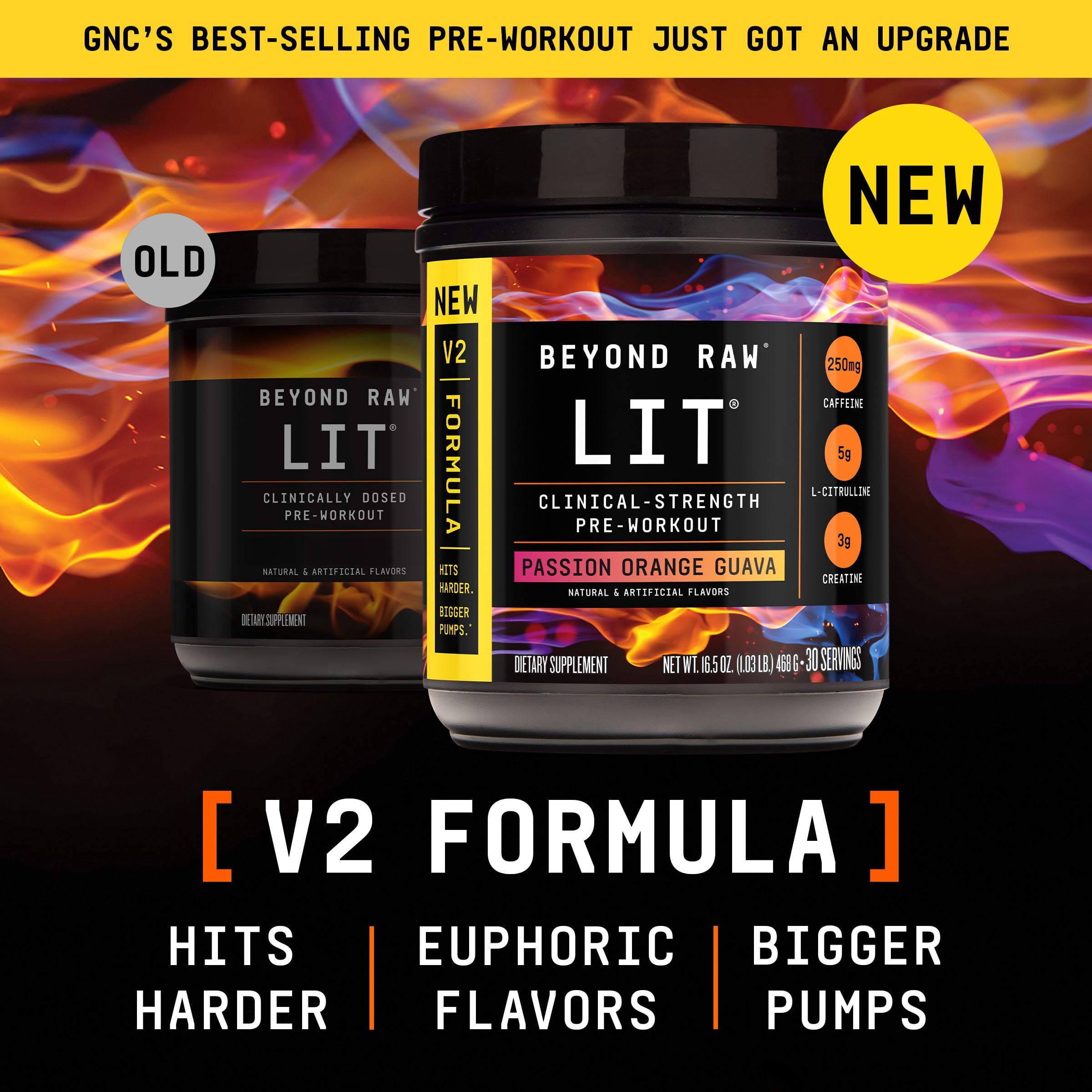 Beyond Raw LIT V2 Clinical Strength Pre Workout Powder, Hits Harder, Bigger Pumps, Caffeine, L-Citrulline, Creatine, Passion Orange Guava, 30 Servings