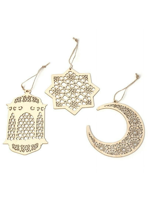 GENEMA 3pcs/set Islam Eid Ramadan Mubarak Hollow Decoration Wooden Hanging Lantern Baubles DIY Crafts