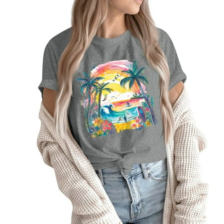 NAMTYQX Womens Shirts Dressy Casual Lightweight Scoop Neck Soft Looses Basic Pattern Muster Short Sleeve Oversized Trendy Tops for Women 2025 Gray Size 2XL