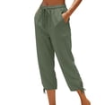 thumbnail image 2 of MLQIDK Linen Capris for Women Lounge Pant Knee Length Elastic Waist Pedal Pushers Dressy Casual Pedal Pushers with Pockets Army Green L, 2 of 7