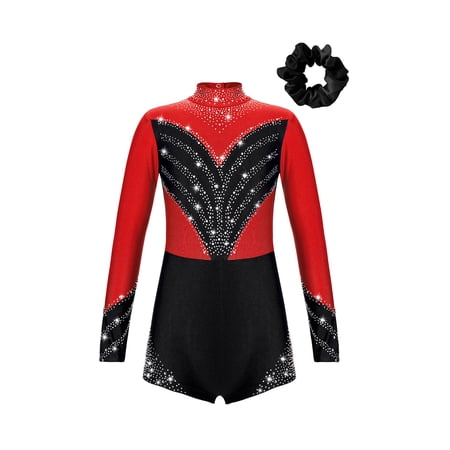 Yeahdor Girls 2 Piece Figure Skating Dance Outfit Jumpsuit Biketard with Hairband Set for Gym Performance Competition Red&Black 6