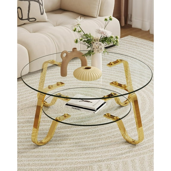 31.5" Round Tempered Glass Coffee Table with Metal Legs & Lower Shelf, Modern Double-Layer Glass Coffee Table for Living Room Small Space, Gold