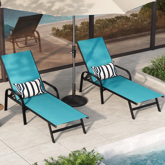 Ergonomic Adjustable Outdoor Lounge Chairs Set of 2 – 5-Position Reclining Patio Chaise, Weather-Resistant Textilene, Iron Frame – Comfortable Sun Lounger for Patio, Balcony, Backyard – Sky Blue
