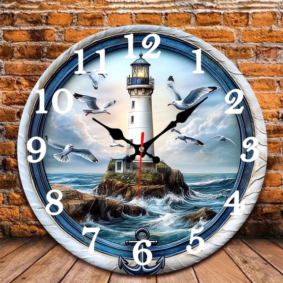 12 Inch Wall Clock, Lighthouse Sea Wooden Round Wall Clocks with Silent Non-Ticking Quartz Movement, Battery Operated, Art Decor Hanging Clock for Kitchen, Bathroom, Bedroom, Living Room