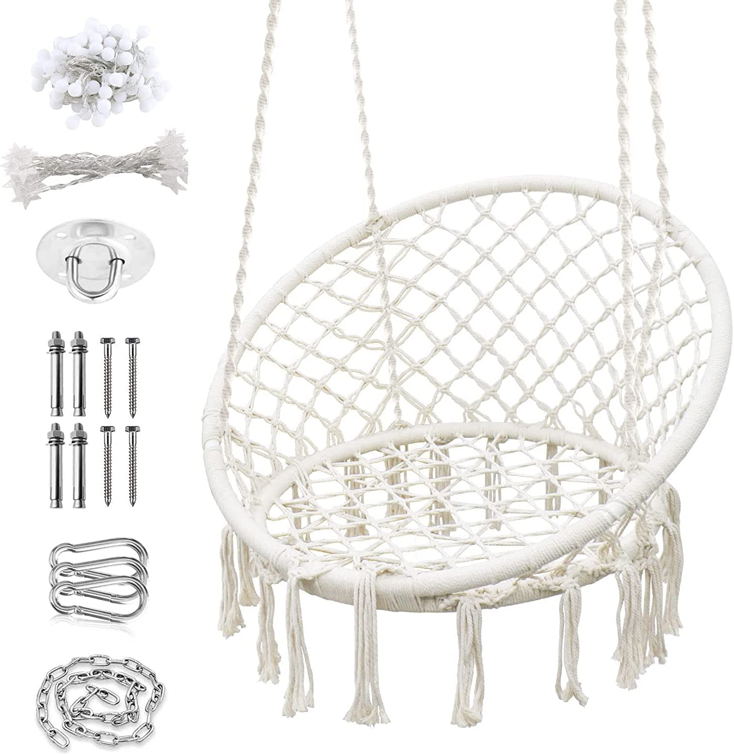 Round Hammock Chair Swing with Two LED Lights, Upgraded Max 550LBs