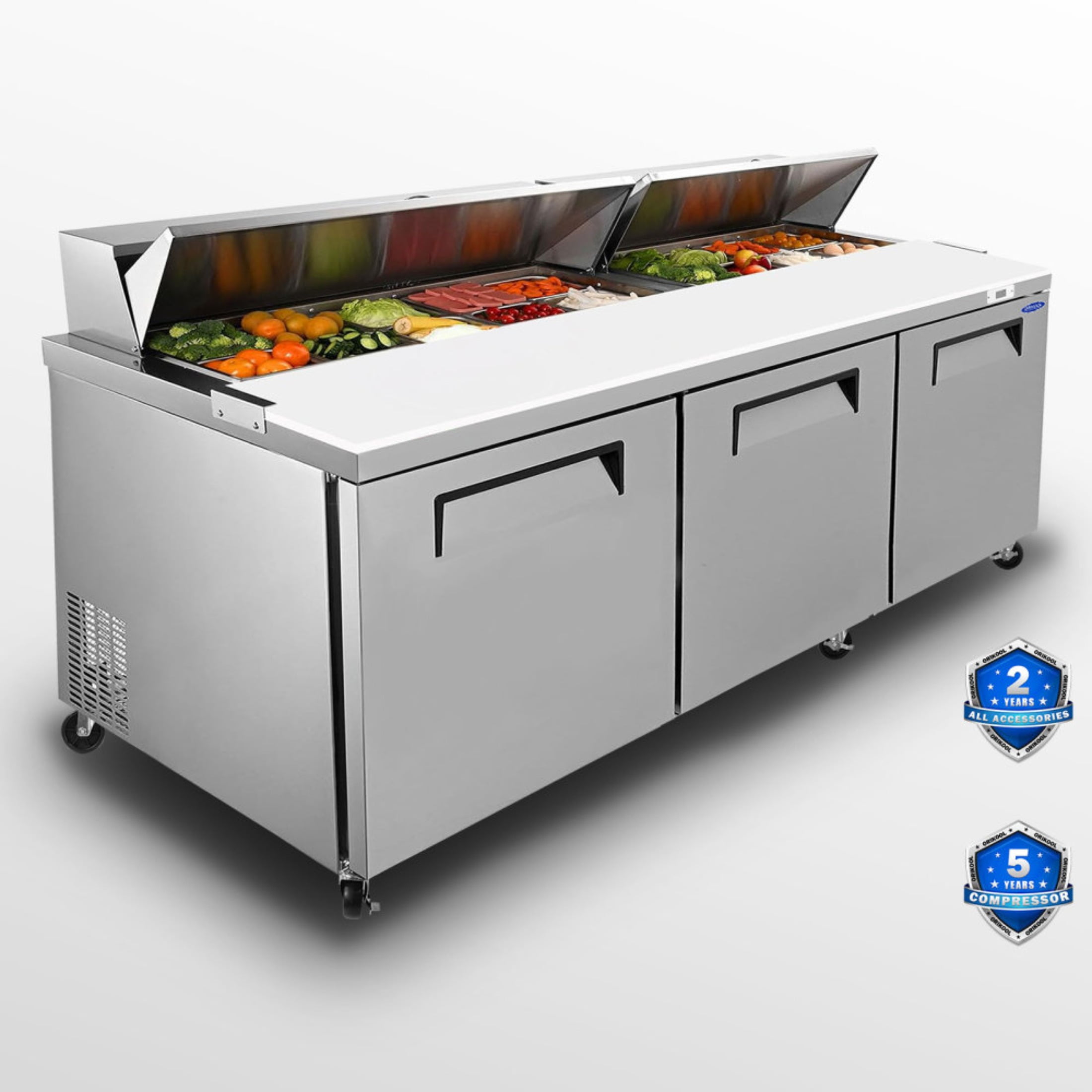 3-4 chefs to work ,72 IN Commercial Refrigerators Sandwich&Salad Prep Table with a Butcher Block Cutting Board, Protection Lid, Cold Storage, ETL Certified(LTL carry)