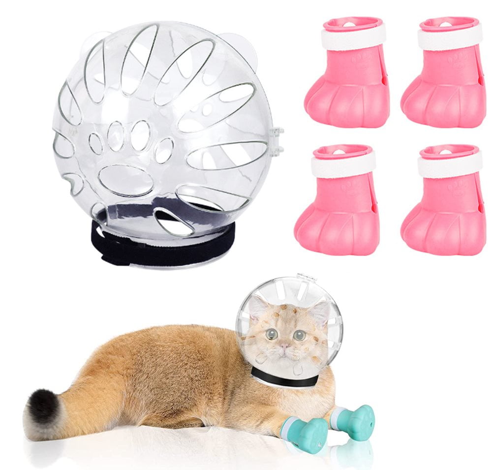 Cat Muzzle and Boots, Cat Breathable Bubble Helmet Hood and 4Pack