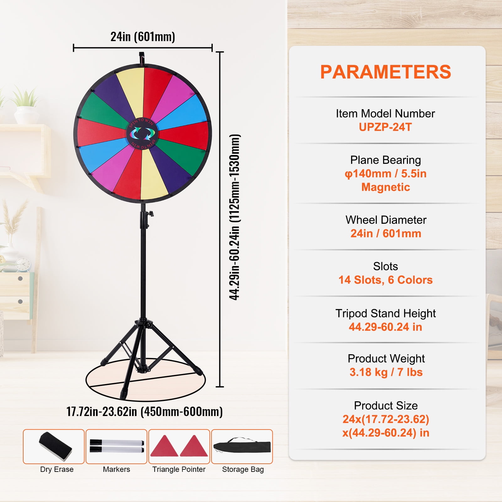 VEVOR 24 inch Spinning Prize Wheel, 14 Slots Spinning Wheel with Height Adjustable Stand, Roulette Wheel with a Dry Erase, and a Storage Bag, Win Fortune Spin Games in Party Pub Trade Show Carnival