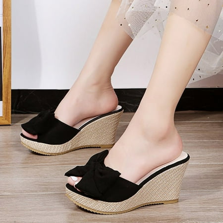 

amlbb Women s Wedge Platform Sandals Solid Color Bowknot Comfy Sandals Slope Heeled Beach Casual Slippers Shoes on Clearance