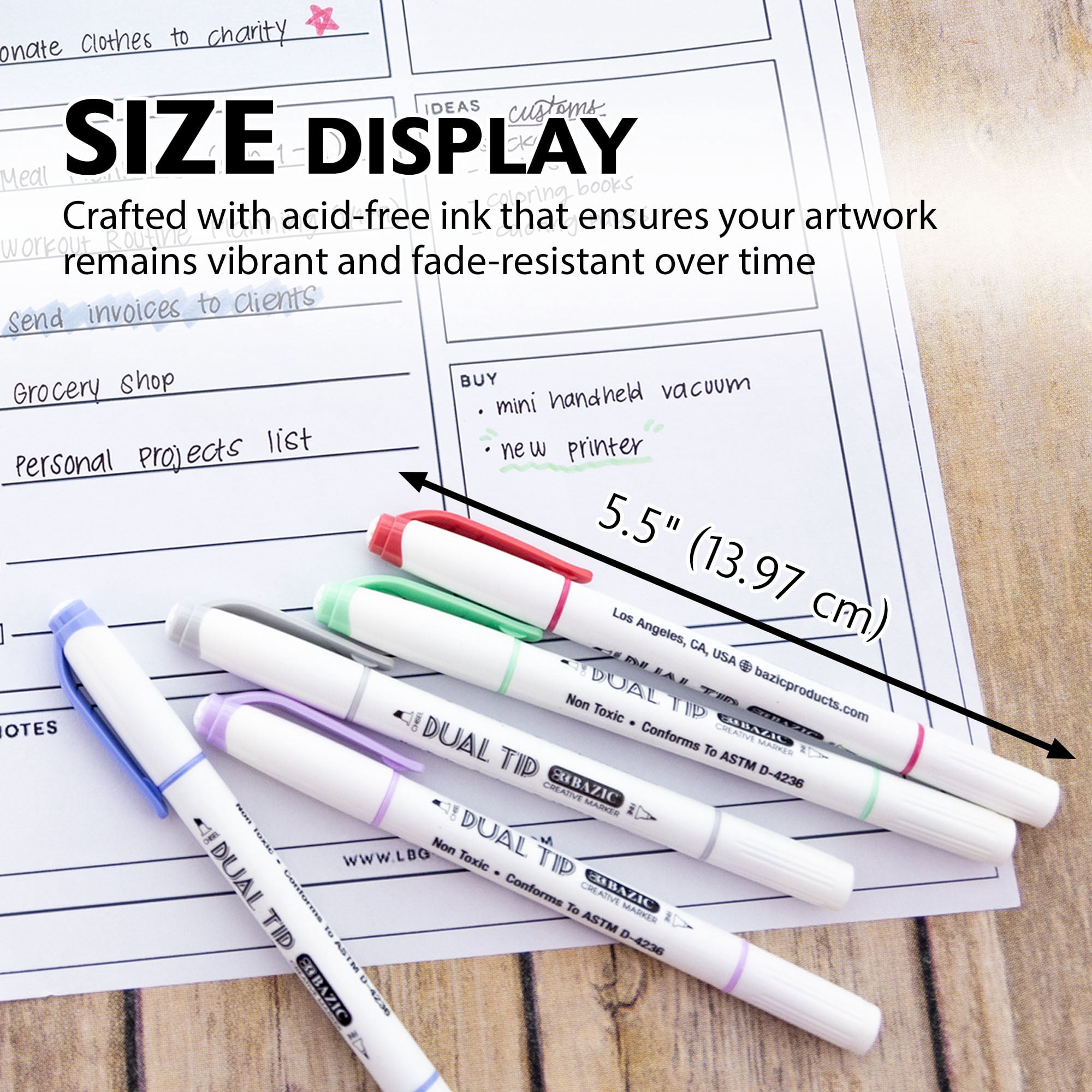 BAZIC Dual Tip Creative Markers Set, Broad & Fine Point Tips Highlighter, 5 Colors Art Marker Pens, 24-Packs
