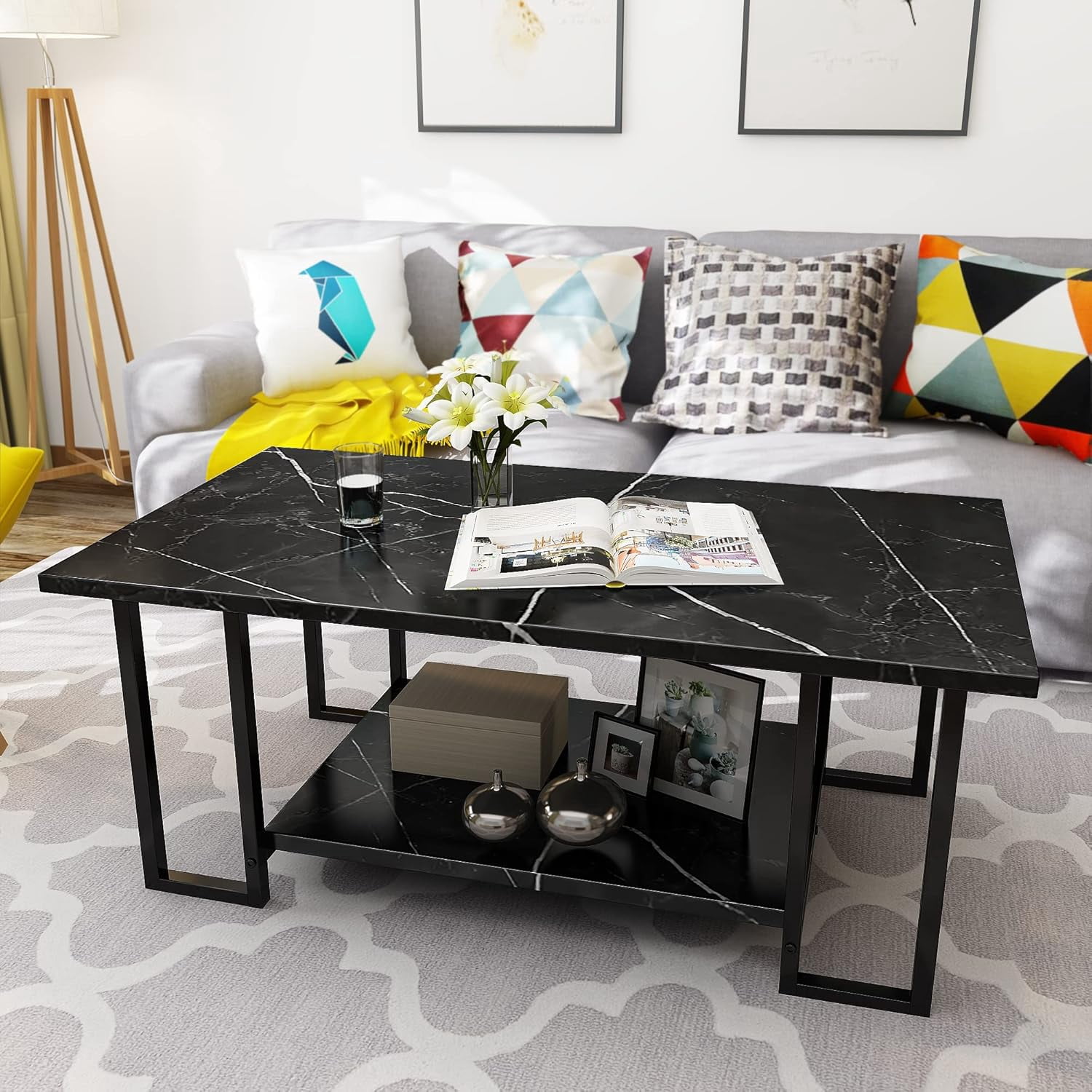 LinkRomat Modern Coffee Table, 40" Faux Marble Top Rectangular Coffee Table with Black Metal Frame, 2 Tier Living Room Table for Living Room, Office, Balcony, Black