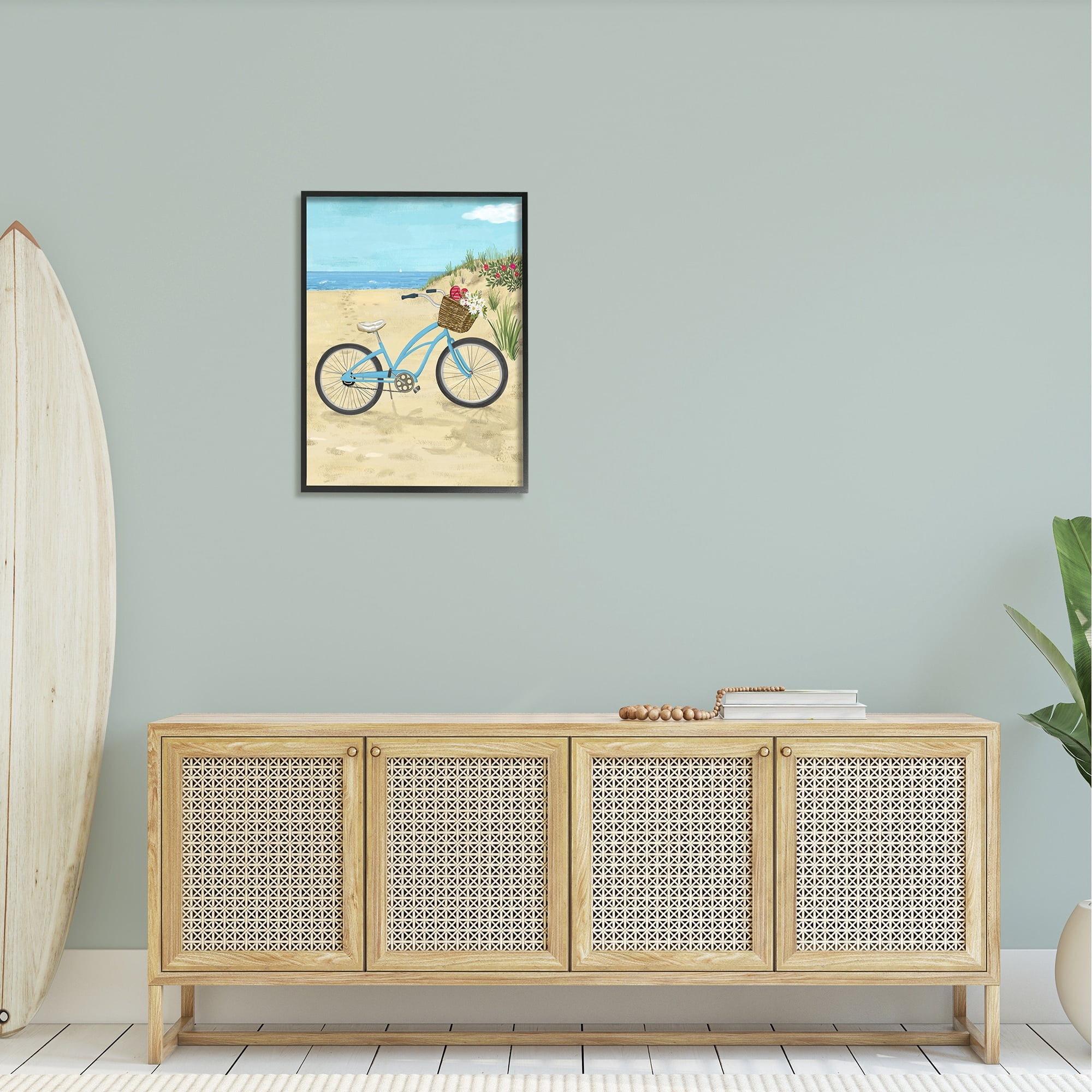 Stupell Industries Blue Bicycle Flower Blossom Basket Beach Sand Painting Black Framed Art Print Wall Art, Design by Sharon Lee