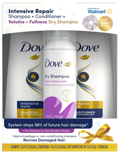 ($19 VALUE) Dove Intensive Repair Shampoo & Conditioner Set with Dry Shampoo and Satin Scrunchie, 3 Count