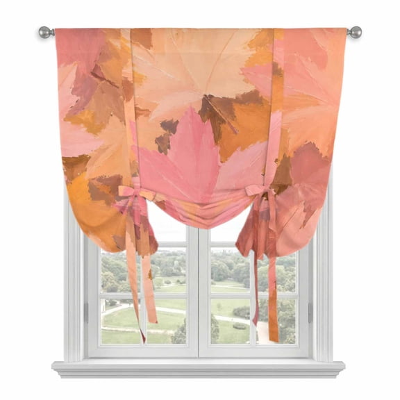 Pink Maple Leaves Fall Tie Up Curtains for Windows, Adjustable Balloon Window Shades, Thanksgiving Botanical Autumn Kitchen Window Treatments Adjustable Roll Up Curtain for Basement/Nursery 52"x45"