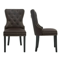 Foredo PU Leather Dining Chairs Set of 2, Tufted Upholstered Dining Room Chair with Pull Ring and Solid Wood Legs, Brown