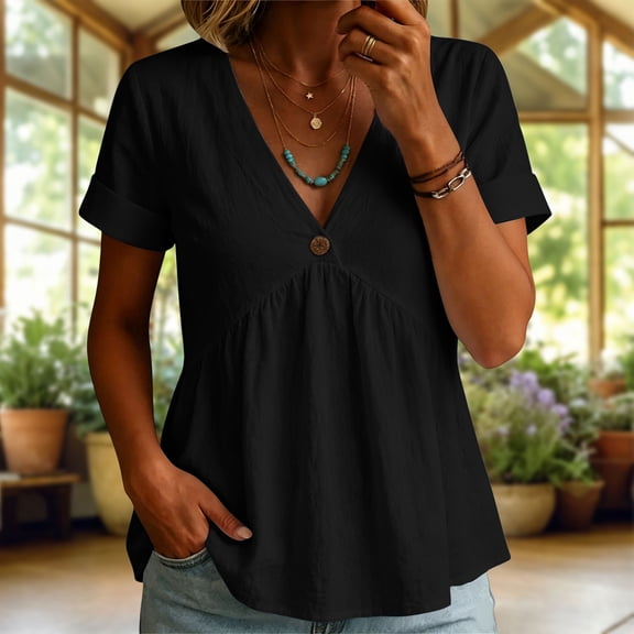ClodeEU Women's V Neck Short Sleeve Peplum Top, Casual Loose Fit Flowy Summer Blouse Black,Women's Plus L