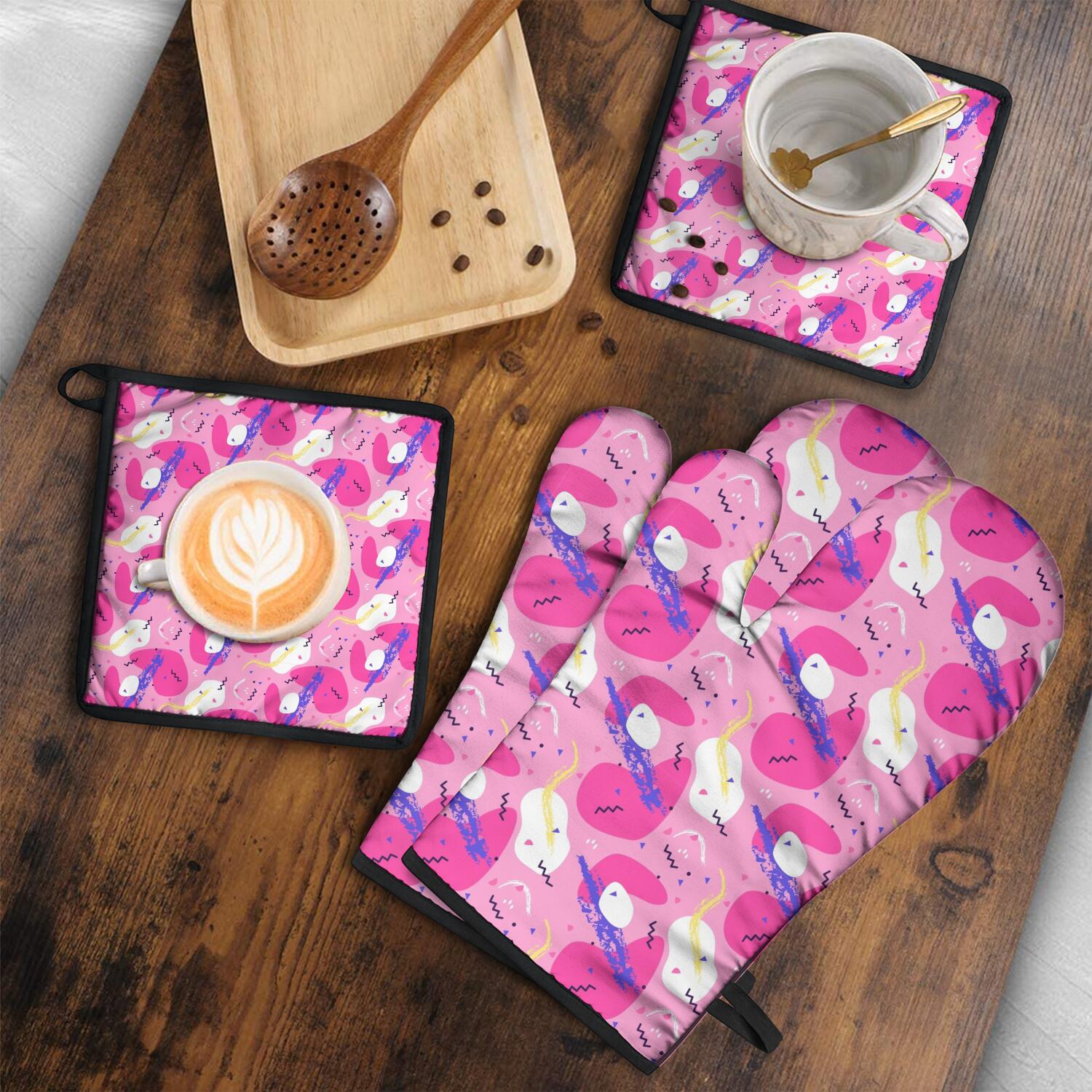 Floral Pattern Oven Mitts and Pot Holders Set Of 4, Heat Resistant Kitchen Gloves with Non-Slip Grip, Hanging Loop, Soft Cotton Lining for Baking, Cooking, Grilling, Barbecue