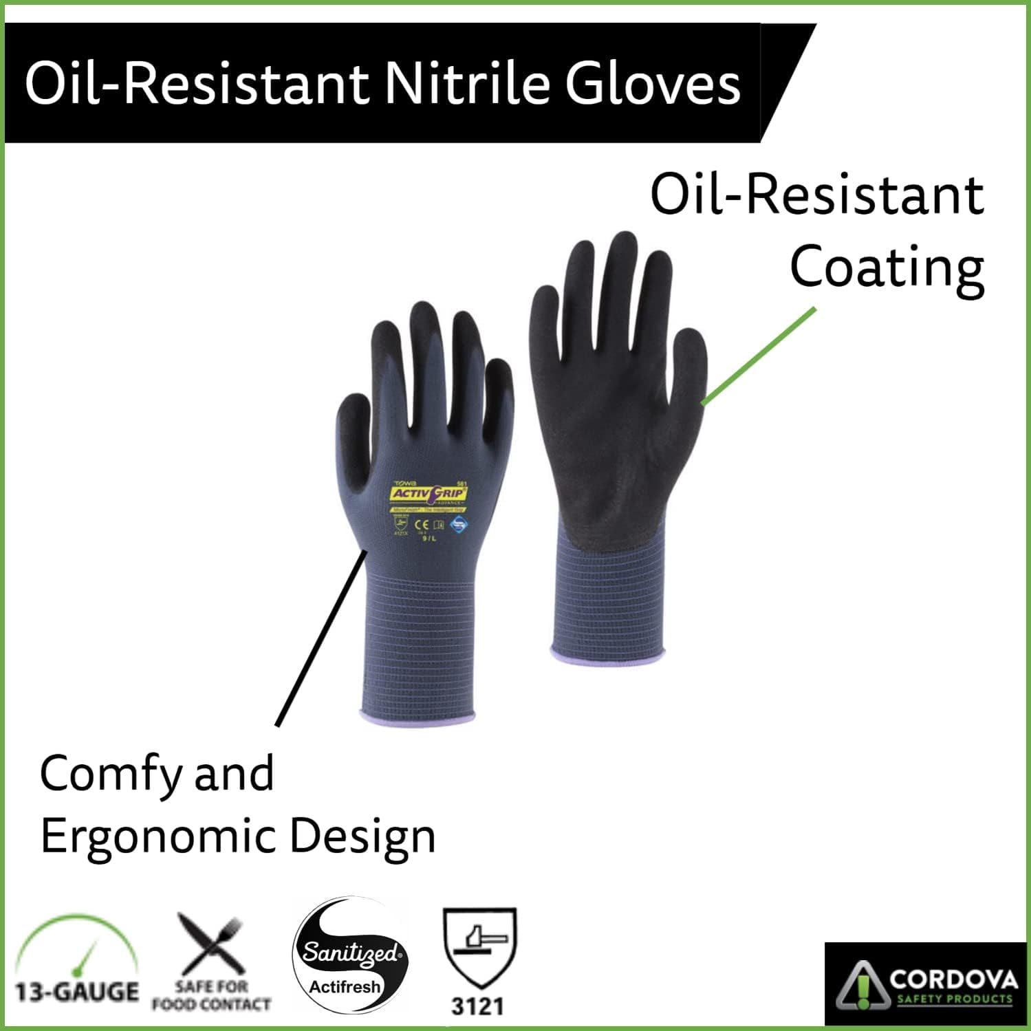 12-Pack of Cordova AG581S Towa Activgrip Advance 13-Gauge Work Gloves, Gray Nylon Shell, Black Microfinish Nitrile Palm Coating, Small