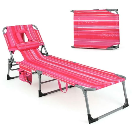 GVN Chaise Lounge Outdoor, Lounge Chair Outdoor,Folding Beach Lounge Chair with Pillow for Outdoor-Pink and White