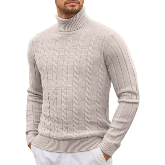 Men's Turtleneck Cable Knit Sweater Long Sleeve Pullover Warm Classic Fit Top