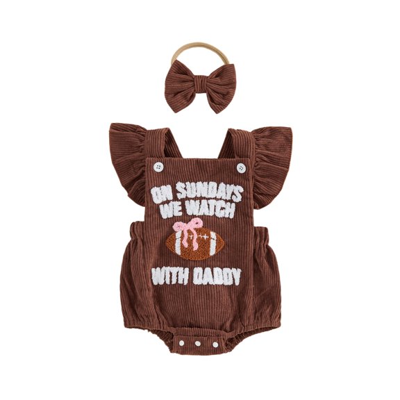 Cjfdfy Newborn Baby Girl Football Outfit Corduroy Romper Overalls On Sunday We Watch Football with Daddy Letters Embroidery Flying Sleeve Jumpsuit Bodysuit Palysuit Headband 0 3 6 12 18 Months