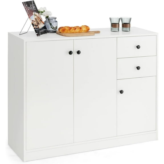 White Sideboard Buffet Cabinet, Kitchen Storage Cabinet with 2 Drawers, 3 Doors Cupboards, Adjustable Shelf, 42" Wide Buffet Table for Dining Room, Living Room, Coffee Bar (3 Doors Cabinet)