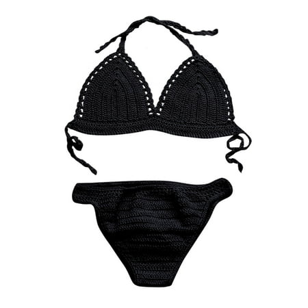 Women s Trendy Crochet Triangle Bikini Set Knitted Bathing Suits Padded Bra Beach Swimsuit Hollow out Backless Summer Strap Halter Neck Two-Piece Swimwear Black XL