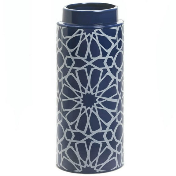Home Decorative Blue Ceramic Geometric Pattern Cylinder Vase