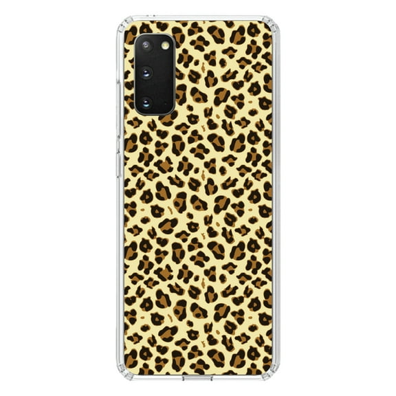 DistinctInk Clear Shockproof Hybrid Case for Galaxy S20 PLUS / 5G (6.7" Screen) - TPU Bumper, Acrylic Back, Tempered Glass Screen Protector - Black Beige Tan Leopard Skin Spots