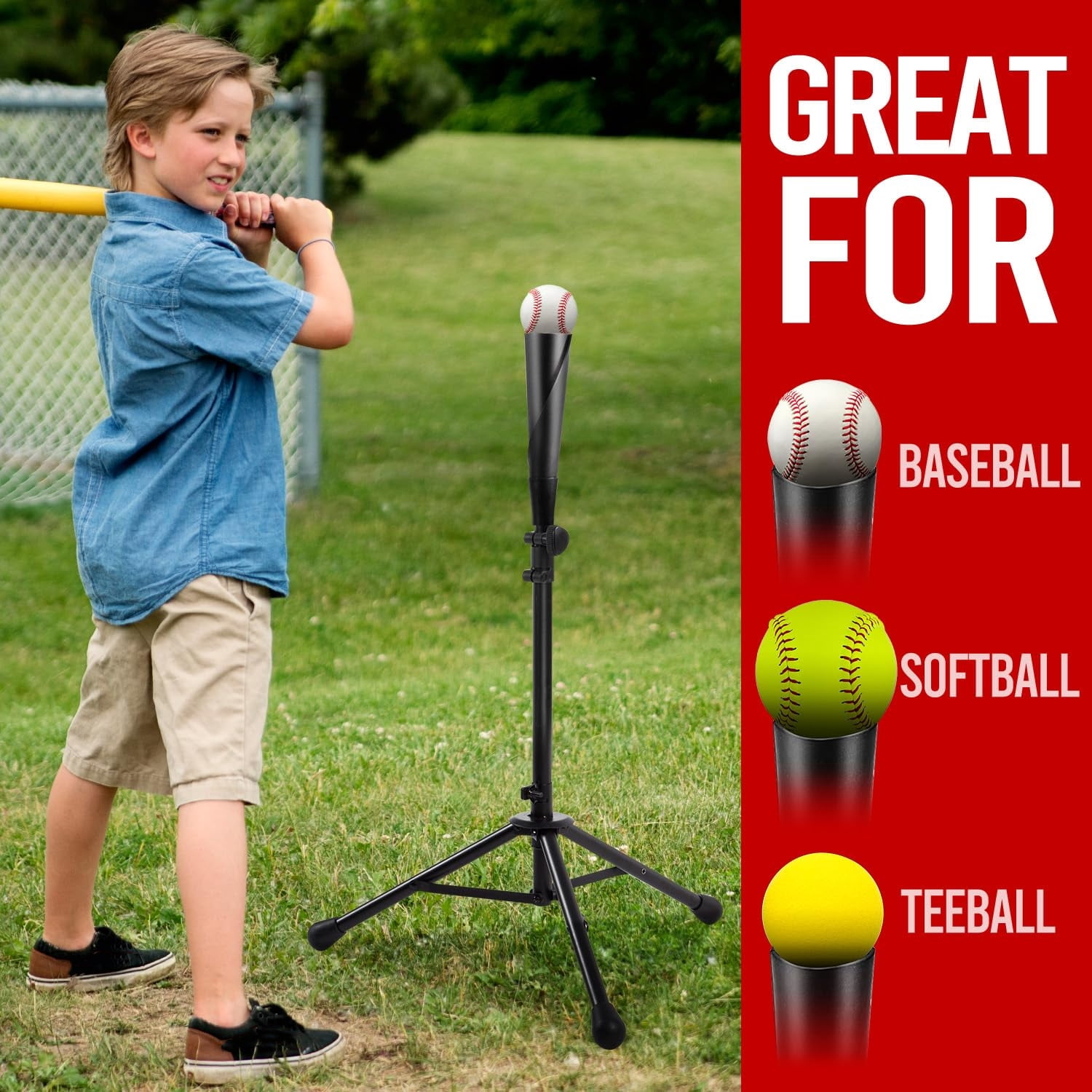 FITPLAY Baseball Batting Tee, 27" to 43" Adjustable Height with Tripod Stand Base, Black