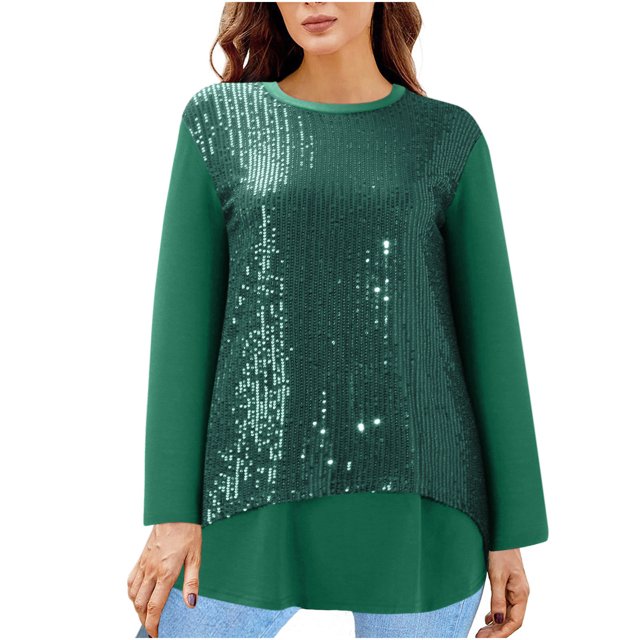 Primavera mujer Casual lentejuelas cuello redondo manga larga pulóver adelgazante blusa sólida camiseta Tops Fridja hkj1076