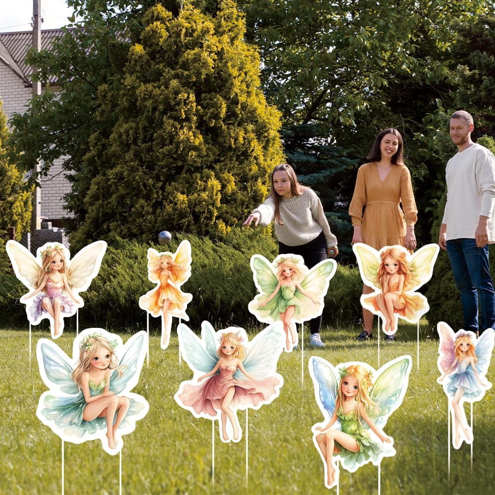 8PCS Fairy Yard Signs Plastic Garden Stakes Baby Shower Party Decoration Lawn Signs Butterfly Fairy Yard Stakes Outdoor Spring Fairy Decorations